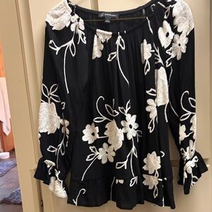 INC International Concepts Black Blouse with White Floral Embroidery